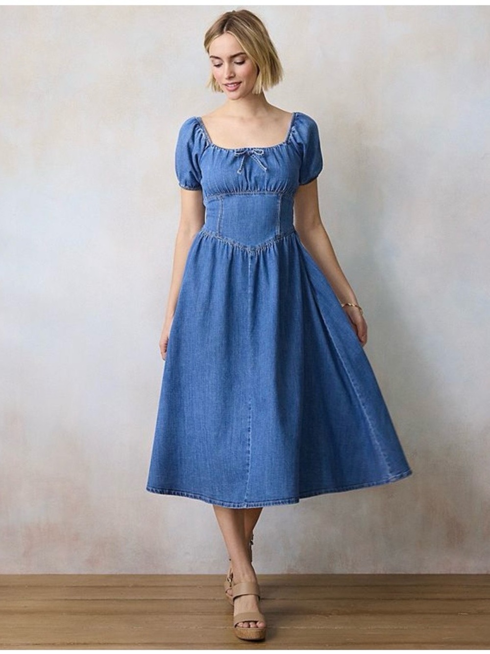 Petite LC Lauren Conrad Denim V-Yoke Puff Sleeve Corset
Midi Dress